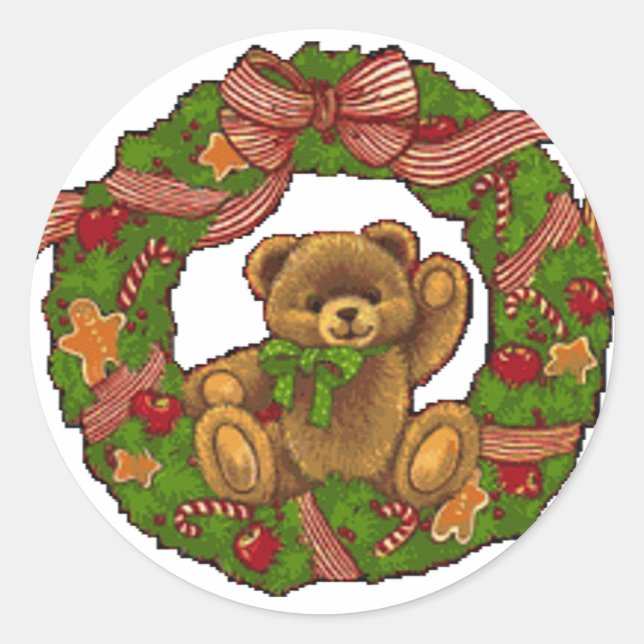 Pegatina Redonda Navidades Teddy Bear Wreath (Anverso)