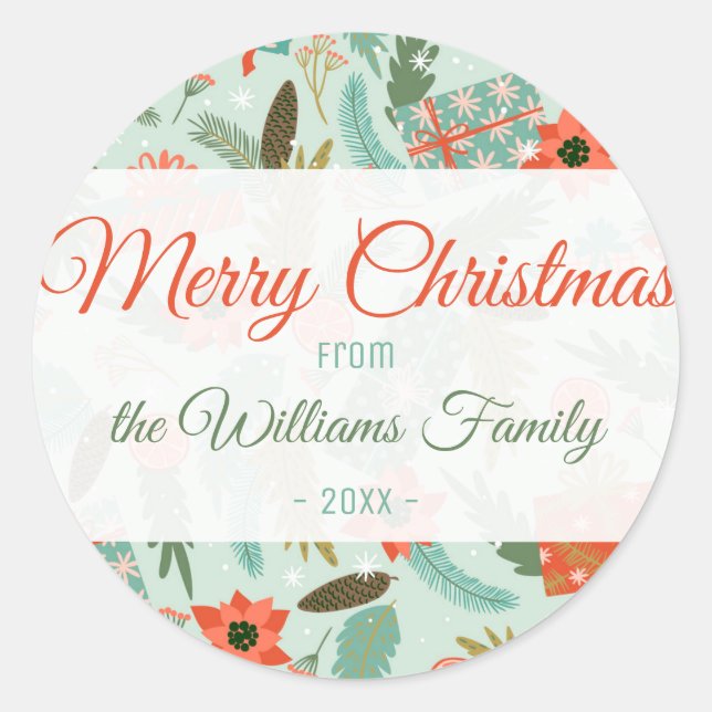 Pegatina Redonda Navidades Tema Invierno Sage Green Red Poinsettia (Anverso)