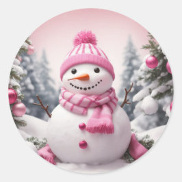 Pegatina Redonda Navidades temáticos rosados personalizados Snowman