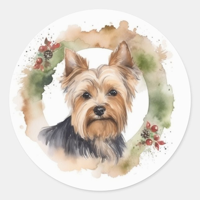 Pegatina Redonda Navidades Terrier de Yorkshire Wreath Festimes Pup (Anverso)