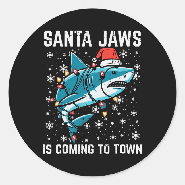 Pegatina Redonda Navidades Tiburón Santa Jaws Navidad Hombres Niños (Anverso)