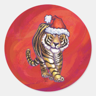 Pegatina Redonda Navidades tigres en rojo