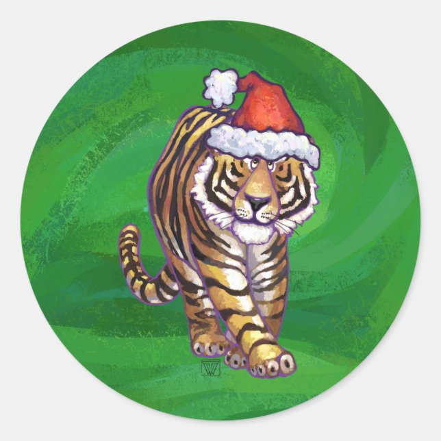 Pegatina Redonda Navidades Tigres En Verde (Anverso)