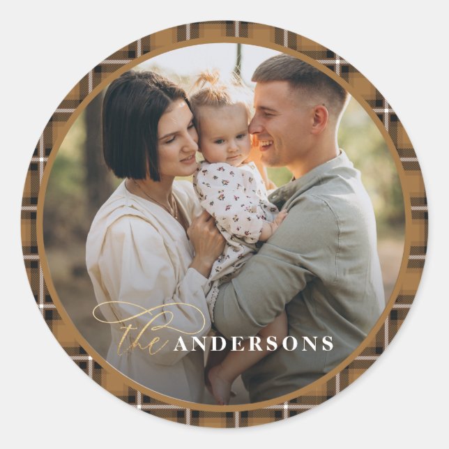 Pegatina Redonda Navidades tradicionales tartán de Mustard (Anverso)