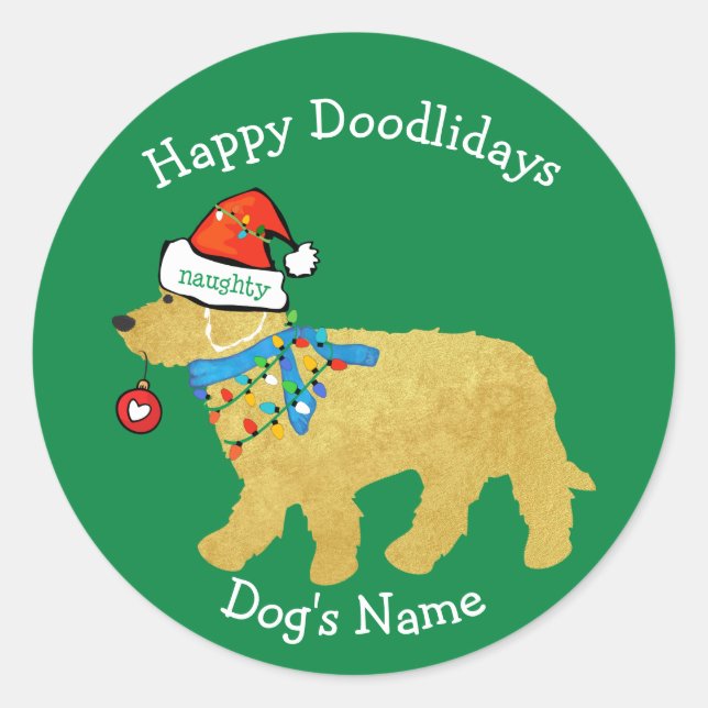 Pegatina Redonda Navidades traviesos personalizados Goldendoodle (Anverso)