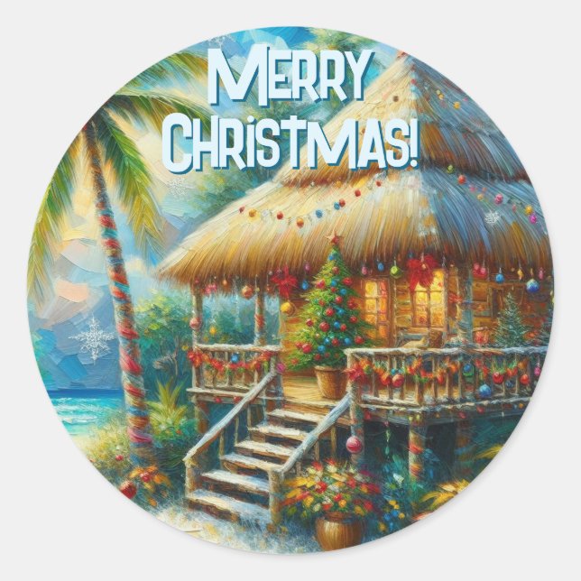 Pegatina Redonda Navidades Tropical Hut Palm Tree Beach Lights (Anverso)