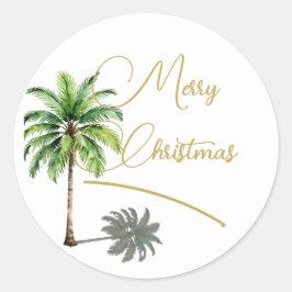 Pegatina Redonda Navidades Tropical Palm Tree Gold Merry