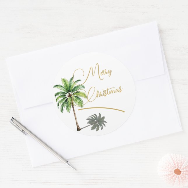 Pegatina Redonda Navidades Tropical Palm Tree Gold Merry (Sobre)