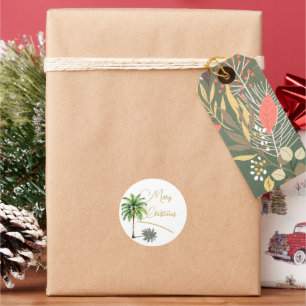 Pegatina Redonda Navidades Tropical Palm Tree Gold Merry