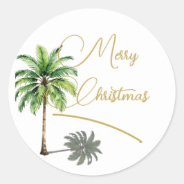 Pegatina Redonda Navidades Tropical Palm Tree Gold Merry
