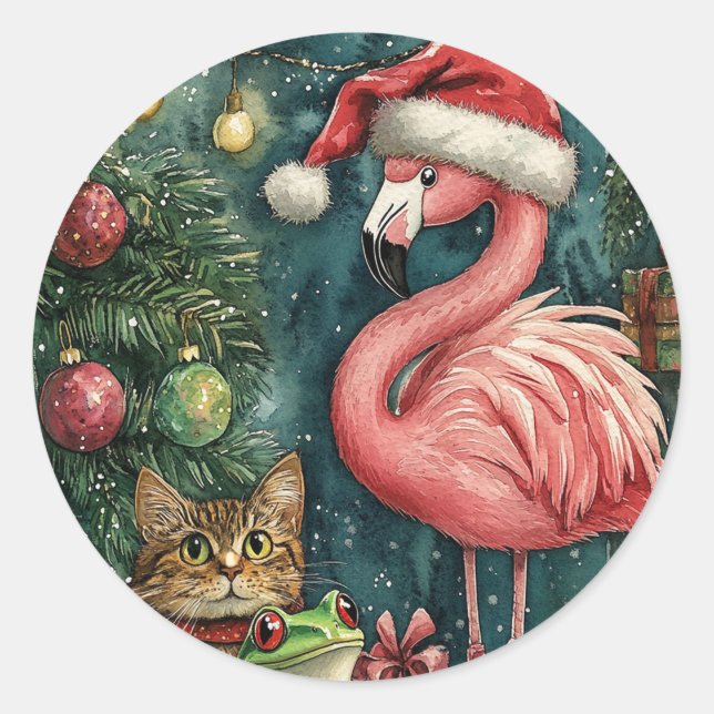 Pegatina Redonda Navidades tropicales de gato y rana Flamingo rosa (Anverso)