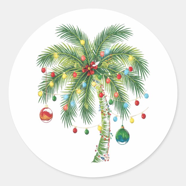 Pegatina Redonda Navidades tropicales Palm Tree con Luces y Ornam (Anverso)