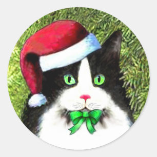 Pegatina Redonda Navidades Tusedo Cat con Bow
