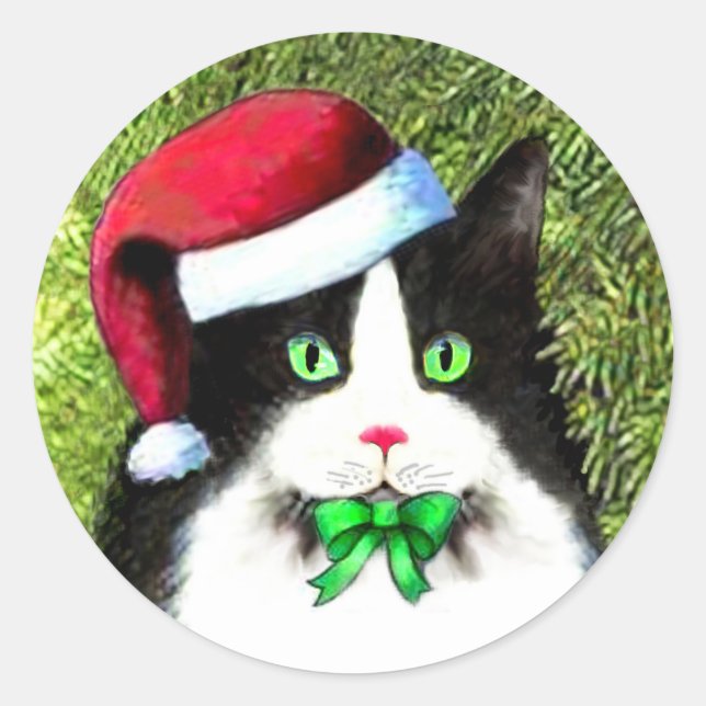 Pegatina Redonda Navidades Tusedo Cat con Bow (Anverso)