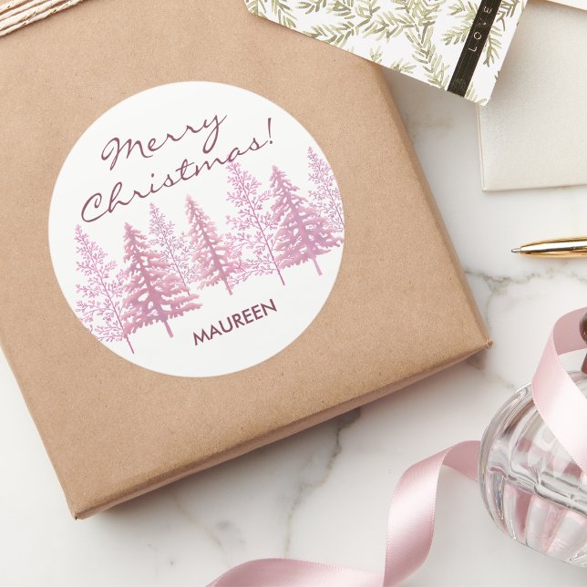 Pegatina Redonda Navidades únicos de árboles con flores rosas (Our festive stickers, featuring joyful pink accents, add a playful touch to your holiday packages.)