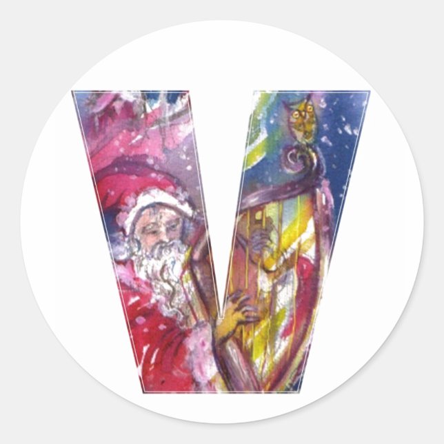 PEGATINA REDONDA NAVIDADES V CARTA / SANTA JUGANDO HARP (Anverso)