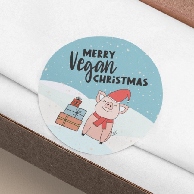 Pegatina Redonda Navidades veganos con buen lechón y regalos (Subido por el creador)