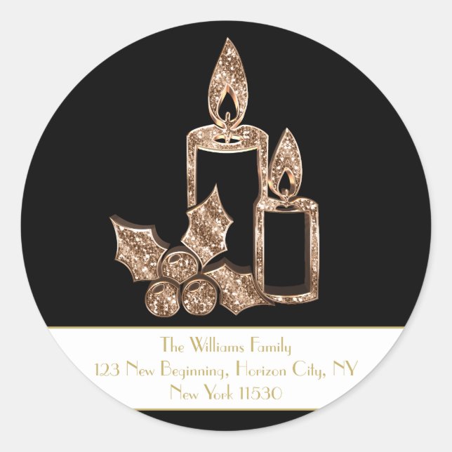 Pegatina Redonda Navidades Vela Holly Black and White Gold Script (Anverso)