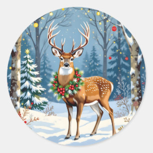 Pegatina Redonda Navidades venados en un bosque de invierno festivo