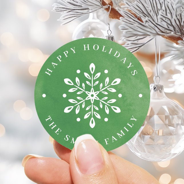 Pegatina Redonda Navidades verdes de copos de nieve con acuarela ar (Artistic Watercolor Snowflake green Christmas Classic Round Sticker)