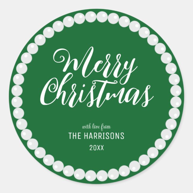 Pegatina Redonda Navidades verdes simples de la Perla Blanca (Anverso)