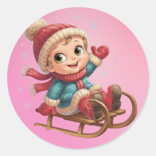 Pegatina Redonda Navidades viajan con un niño de invierno adorable