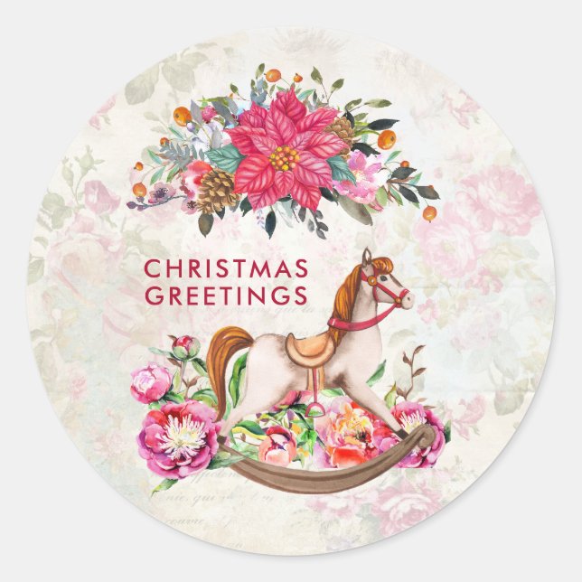 Pegatina Redonda Navidades victorianos de caballos de rock de época (Anverso)