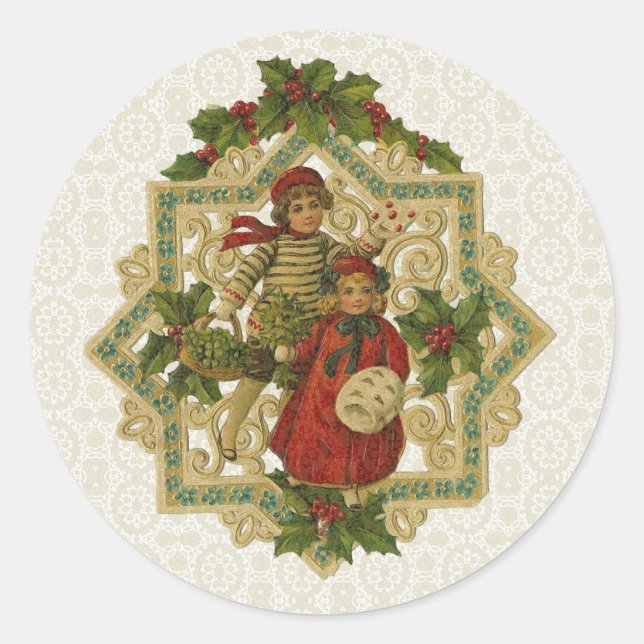 Pegatina Redonda Navidades victorianos de época (Anverso)