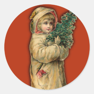 Pegatina Redonda Navidades victorianos entregan árbol a niños