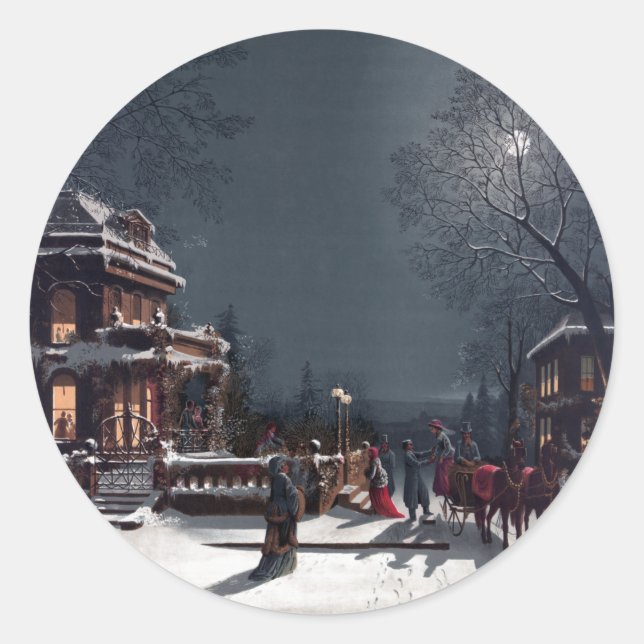 Pegatina Redonda Navidades victorianos llegan a Fiesta en transport (Anverso)