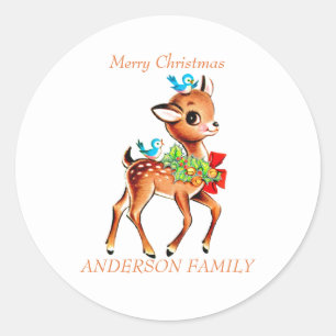 Pegatina Redonda Navidades Vintage Deer Fawn Con Aves En La Cabeza