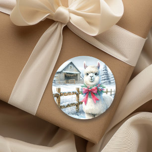Pegatina Redonda Navidades Vintage Farm y Cute Alpaca