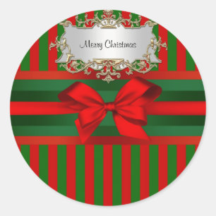 Pegatina Redonda Navidades Vintage Red & Green Stripe Ribbon