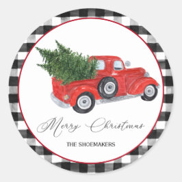 Pegatina Redonda Navidades Vintage Red Truck Buffalo Check