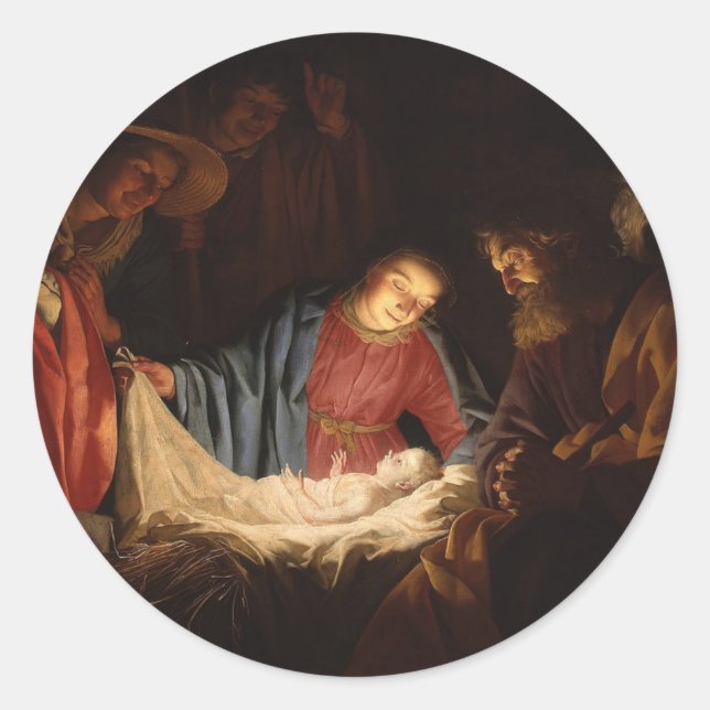 Pegatina Redonda Navidades Virgen María San José Jesús Natividad (Anverso)