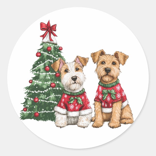 Pegatina Redonda Navidades Welsh Wire Fox Terrier Dogs (Anverso)