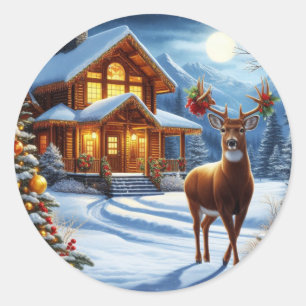 Pegatina Redonda Navidades/Winter Deer Lodge