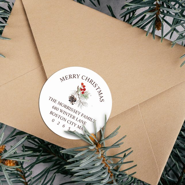 Pegatina Redonda Navidades Winter Sprig Cone Berries Dirección de r (Christmas Winter Sprig Cone Berries Return Address Classic Round Sticker)