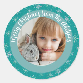 Pegatina Redonda Navidades Winter White & Aqua Snowflakes Photo