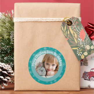 Pegatina Redonda Navidades Winter White & Aqua Snowflakes Photo