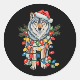 Pegatina Redonda Navidades Wolf Santa Hat Xmas alude a amantes de l