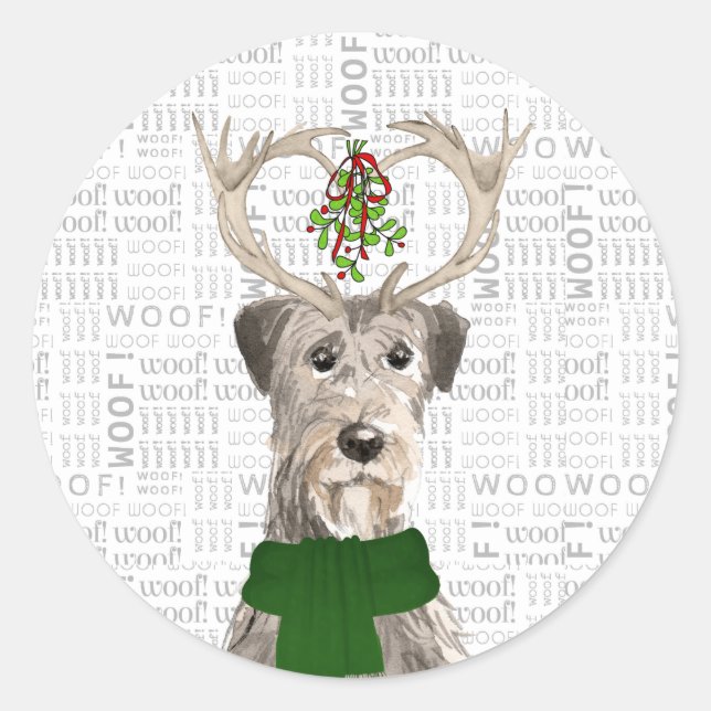 Pegatina Redonda Navidades Wolfhound irlandés y Woof Art Dog Lover (Anverso)