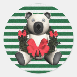 Pegatina Redonda Navidades Wreath Bear Rayas Verdes