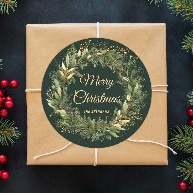 Pegatina Redonda Navidades Wreath Elegante Festividad Verde Botánic (Christmas Wreath Elegant Festive Green Botanical Classic Round Sticker)
