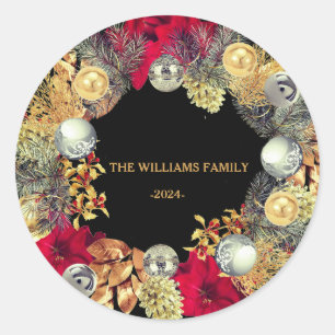 Pegatina Redonda Navidades Wreath Family Name Classic Round Pegatin