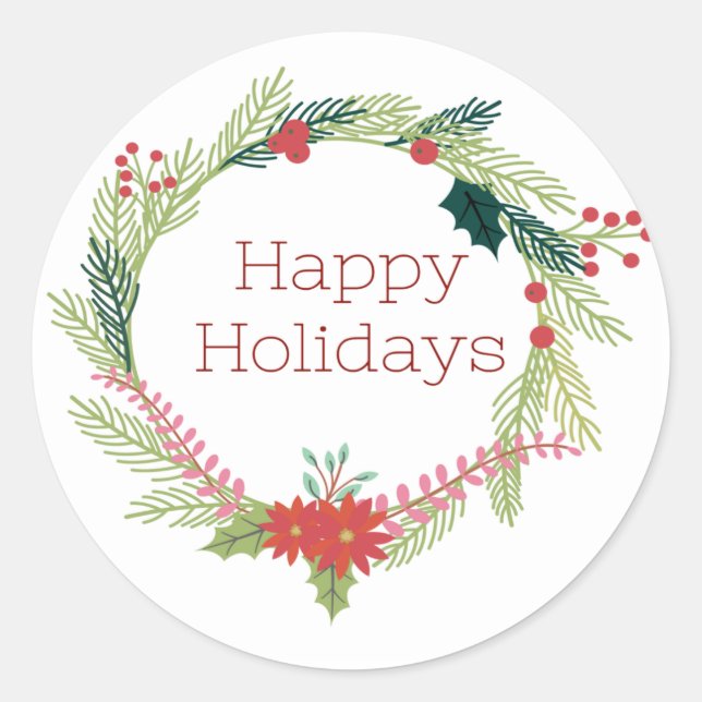 Pegatina Redonda Navidades Wreath Felices Fiestas (Anverso)