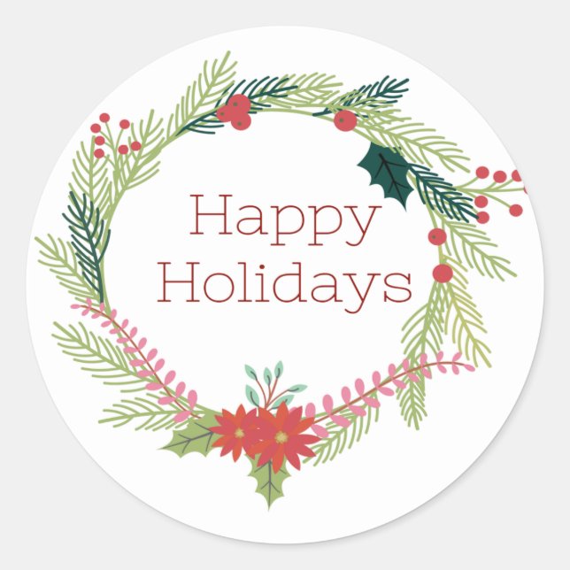 Pegatina Redonda Navidades Wreath Felices Fiestas (Anverso)