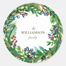 Pegatina Redonda Navidades Wreath Holiday apellido Holi