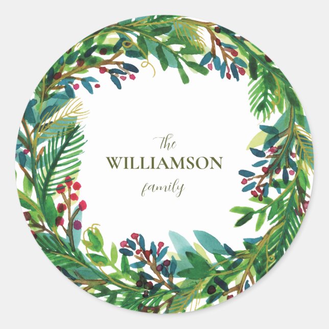 Pegatina Redonda Navidades Wreath Holiday apellido Holi (Anverso)
