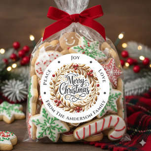 Pegatina Redonda Navidades Wreath Peace Joy Love
